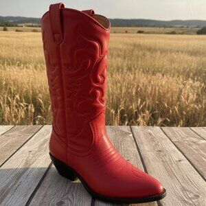Red Western Cowboy Boots Embroidered Stitch Pointed Toe Mid-Calf